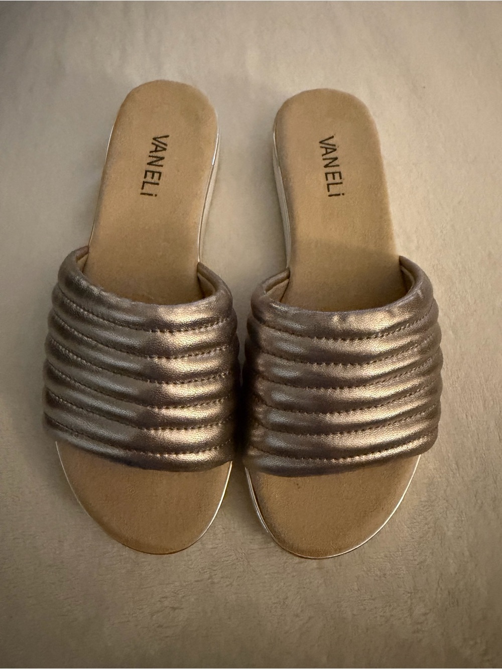 Vaneli Quilted Metallic Slide Sandals in Silver